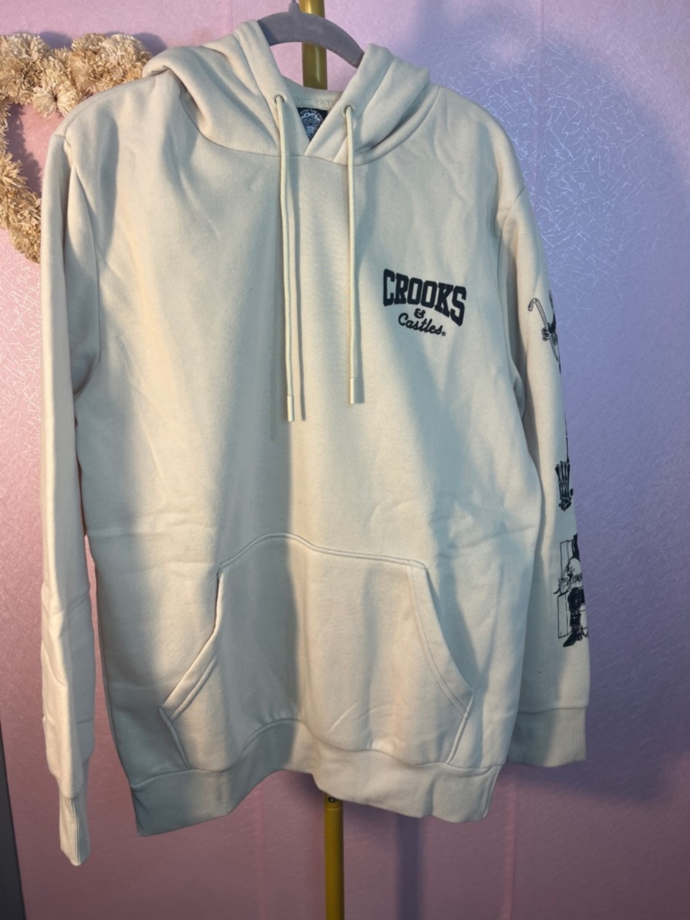 Crooks & Castles Cream Pullover Hoodie with Sleeve Graphics